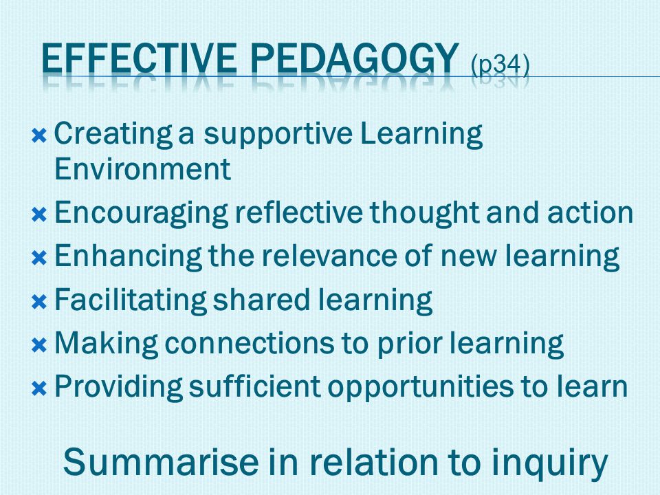  Creating a supportive Learning Environment  Encouraging reflective thought and action  Enhancing the relevance of new learning  Facilitating shared learning  Making connections to prior learning  Providing sufficient opportunities to learn Summarise in relation to inquiry