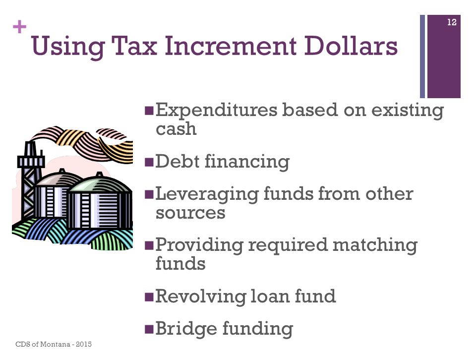 + Using Tax Increment Dollars Expenditures based on existing cash Debt financing Leveraging funds from other sources Providing required matching funds Revolving loan fund Bridge funding CDS of Montana