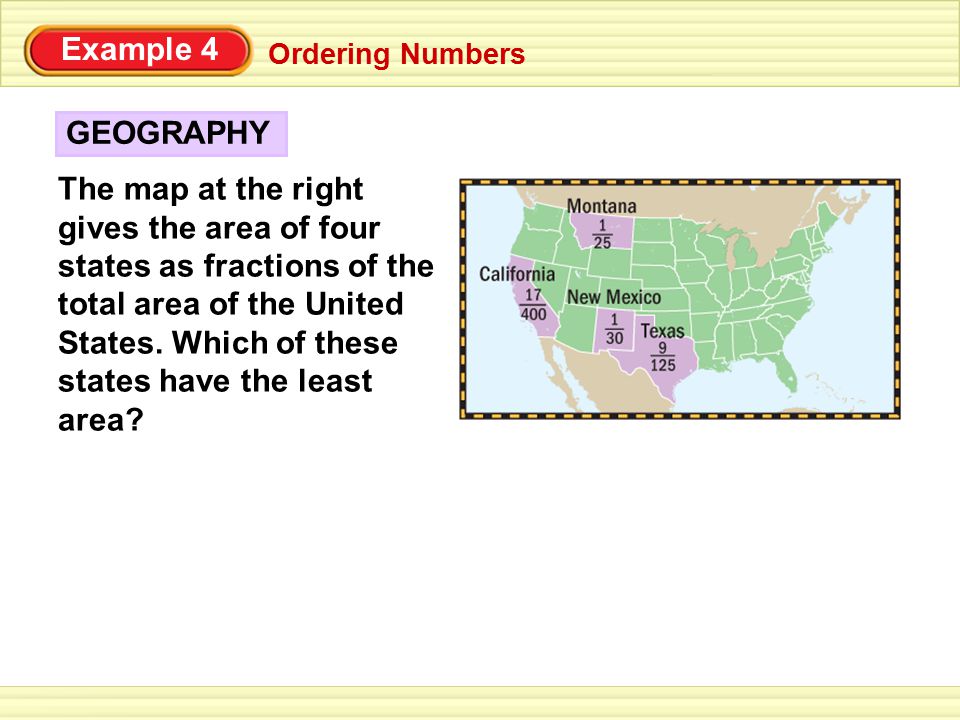 Ordering Numbers The map at the right gives the area of four states as fractions of the total area of the United States.