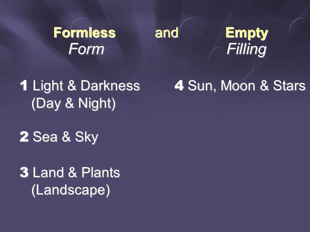 Formless and Empty Form Filling Form Filling 1 Light & Darkness (Day & Night) (Day & Night) 2 Sea & Sky 3 Land & Plants (Landscape) (Landscape) 4 Sun, Moon & Stars