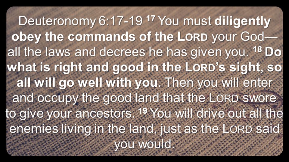 Deuteronomy 6: You must diligently obey the commands of the L ORD your God— all the laws and decrees he has given you.