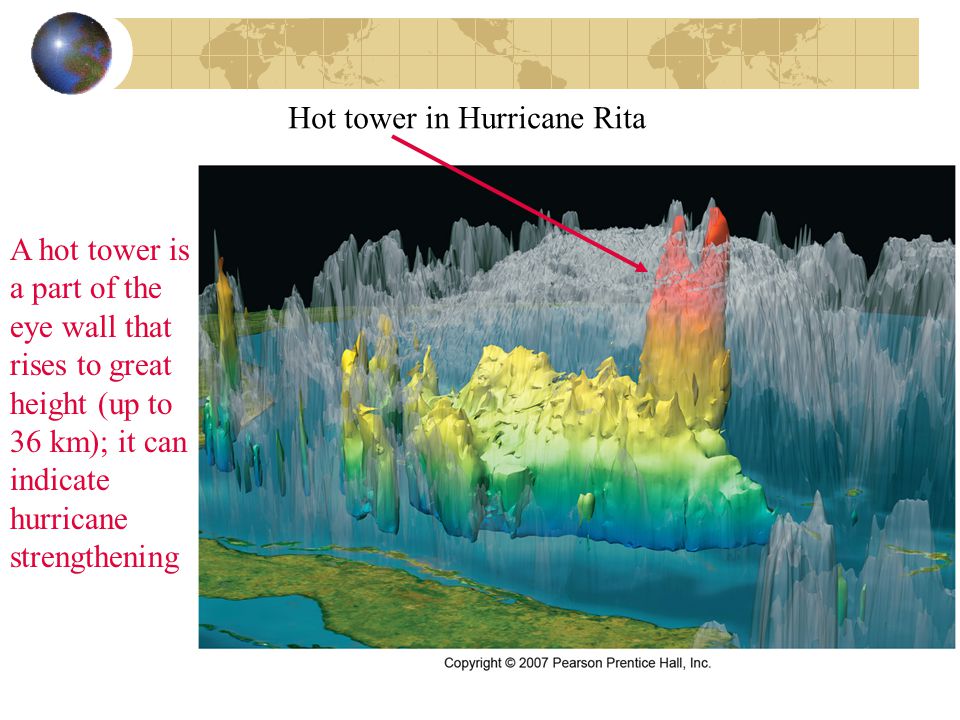 Hot tower in Hurricane Rita A hot tower is a part of the eye wall that rises to great height (up to 36 km); it can indicate hurricane strengthening