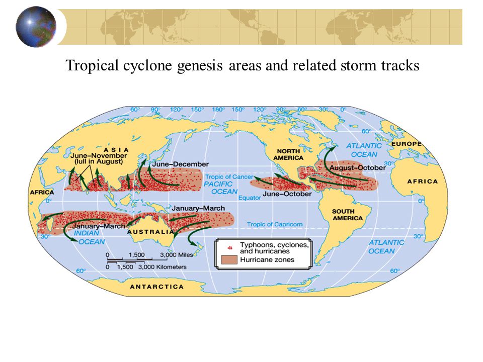Tropical cyclone genesis areas and related storm tracks
