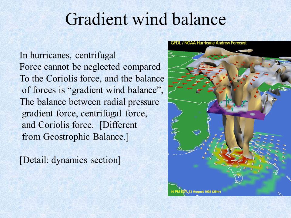 Gradient wind balance In hurricanes, centrifugal Force cannot be neglected compared To the Coriolis force, and the balance of forces is gradient wind balance , The balance between radial pressure gradient force, centrifugal force, and Coriolis force.