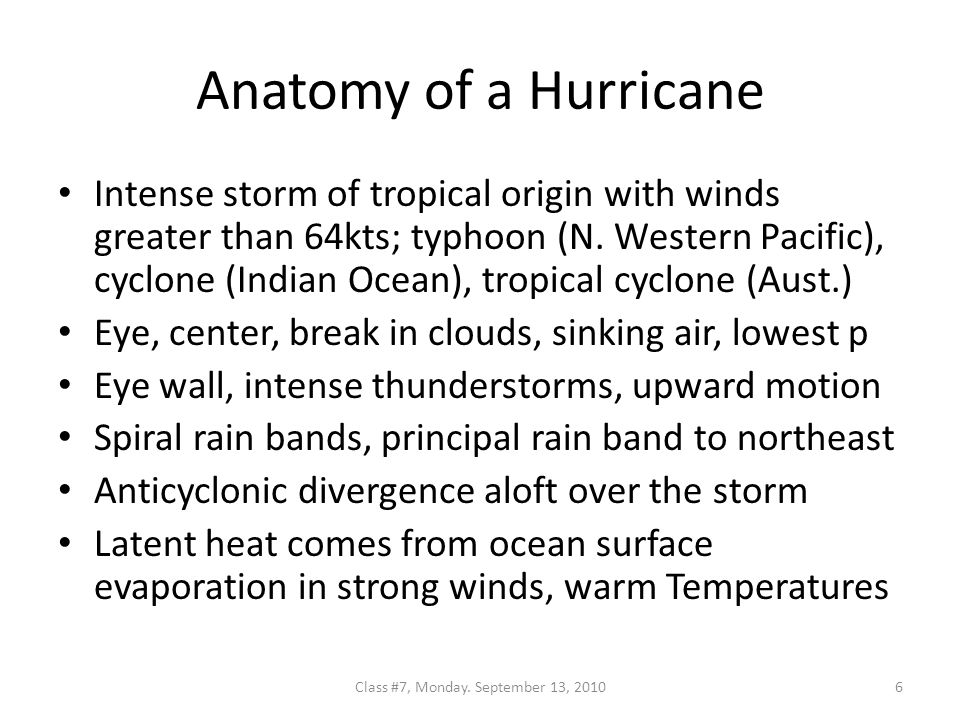 Anatomy of a Hurricane Intense storm of tropical origin with winds greater than 64kts; typhoon (N.