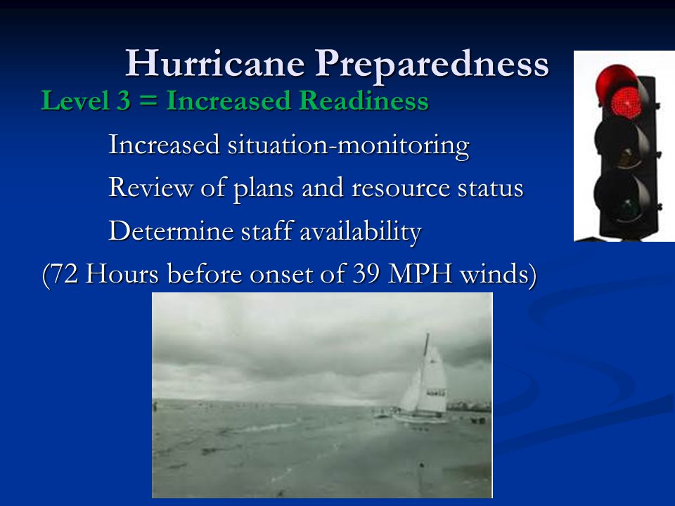 Hurricane Preparedness Level 3 = Increased Readiness Increased situation-monitoring Review of plans and resource status Determine staff availability (72 Hours before onset of 39 MPH winds)