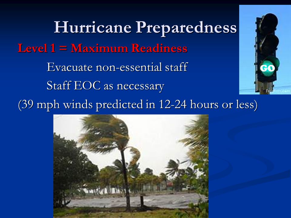 Hurricane Preparedness Level 1 = Maximum Readiness Evacuate non-essential staff Staff EOC as necessary (39 mph winds predicted in hours or less) GO