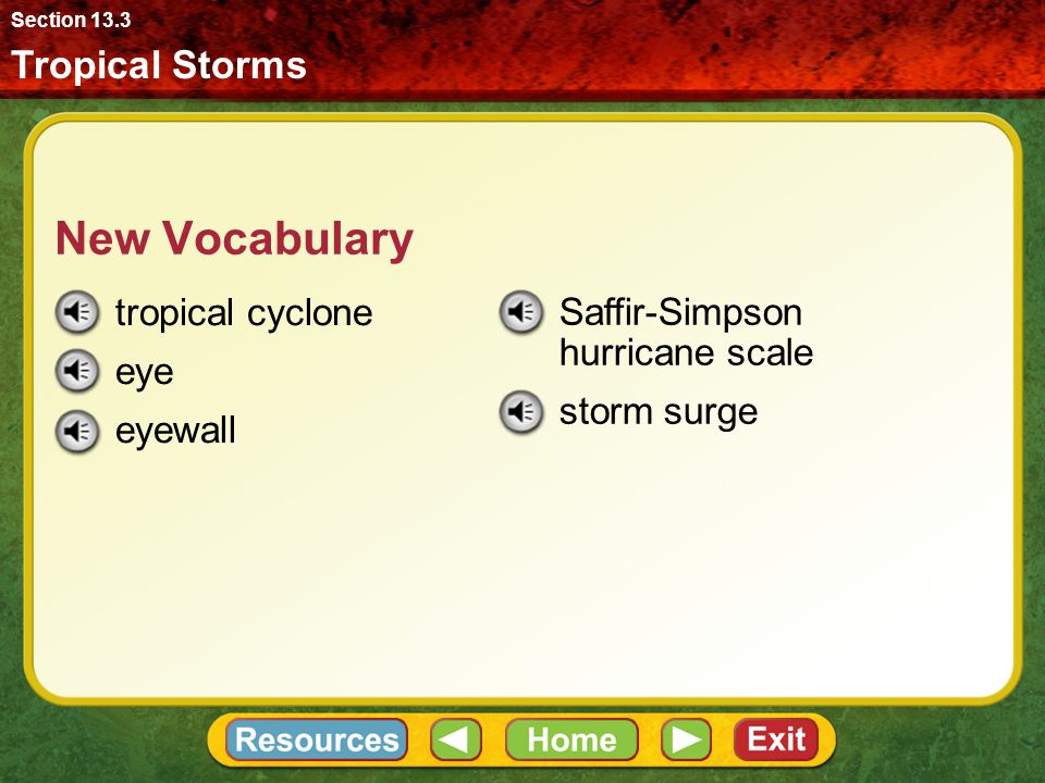 Tropical Storms Section 13.3 Review Vocabulary Coriolis effect: caused by Earth’s rotation, moving particles, such as air, are deflected to the right north of the equator, and to the left south of the equator Normally peaceful, tropical oceans are capable of producing one of Earth’s most violent weather systems—the tropical cyclone.