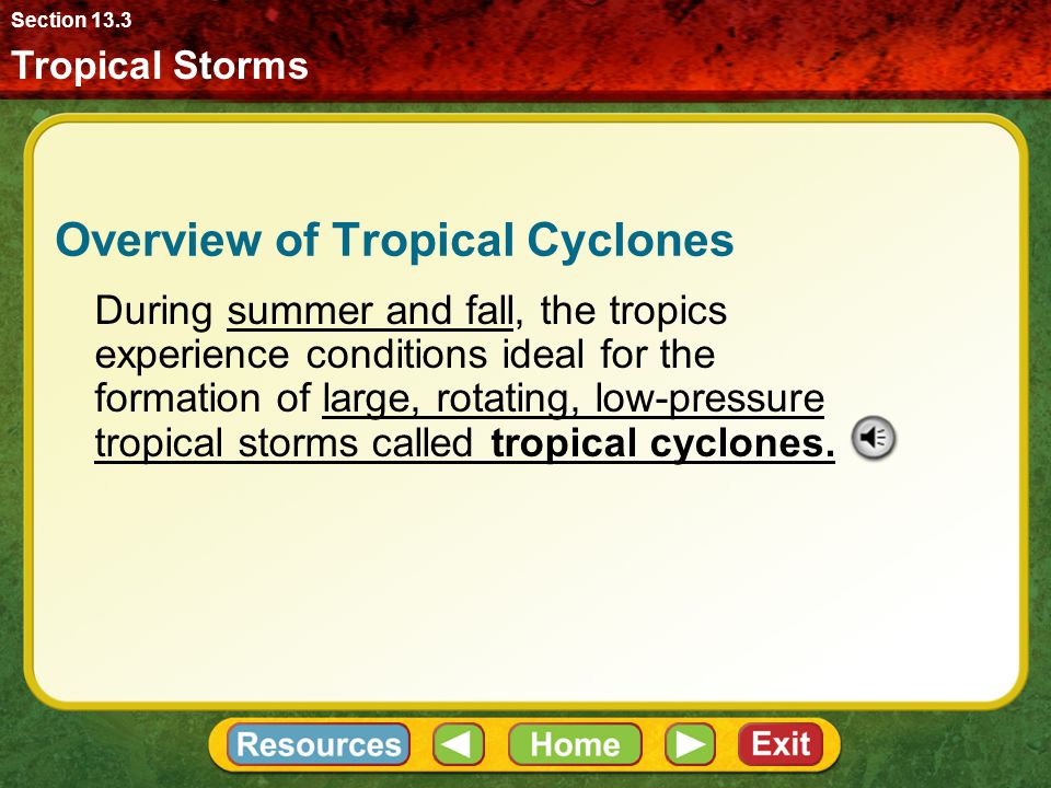 New Vocabulary Tropical Storms Section 13.3 tropical cyclone eye eyewall Saffir-Simpson hurricane scale storm surge
