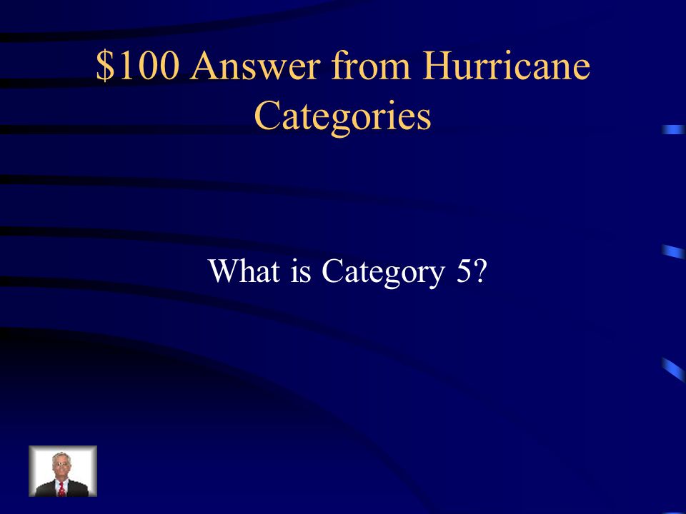 $100 Question from Hurricane Categories Consisting of sustained winds of 155 miles per hour or greater and is the strongest category of hurricanes