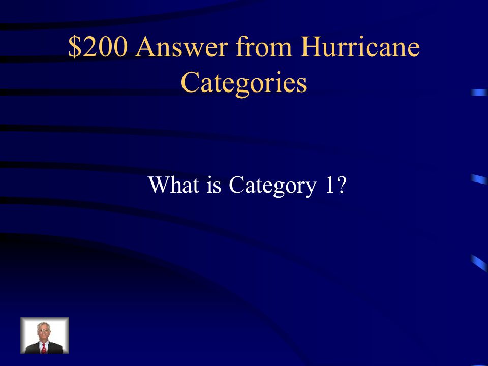 $200 Question from Hurricane Categories The least intense of hurricanes, having sustained winds between 74 and 95 miles per hour