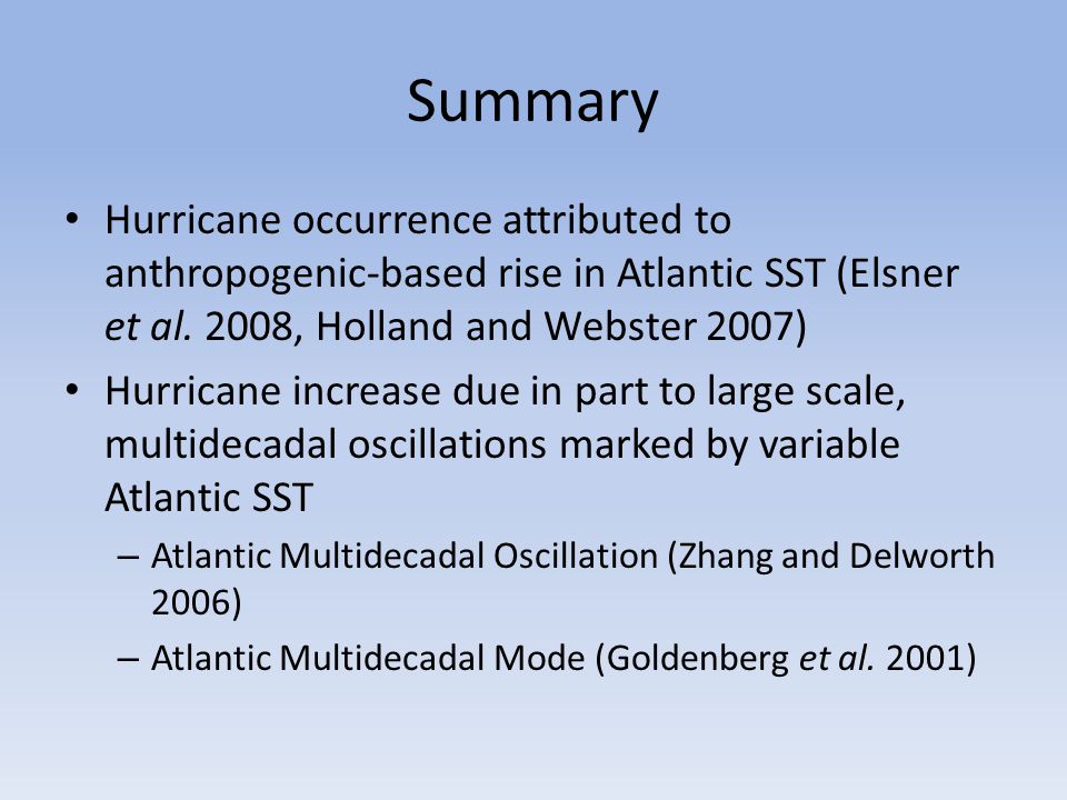 Summary Hurricane occurrence attributed to anthropogenic-based rise in Atlantic SST (Elsner et al.