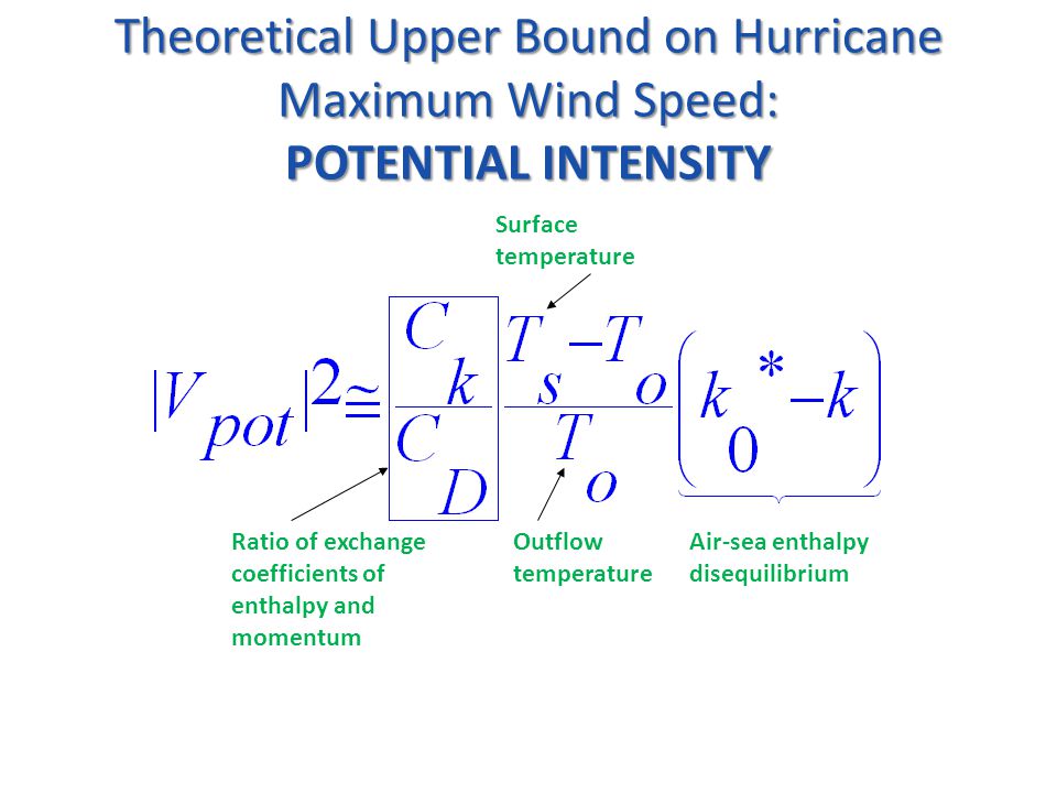 Theoretical Upper Bound on Hurricane Maximum Wind Speed: POTENTIAL INTENSITY Air-sea enthalpy disequilibrium Surface temperature Outflow temperature Ratio of exchange coefficients of enthalpy and momentum