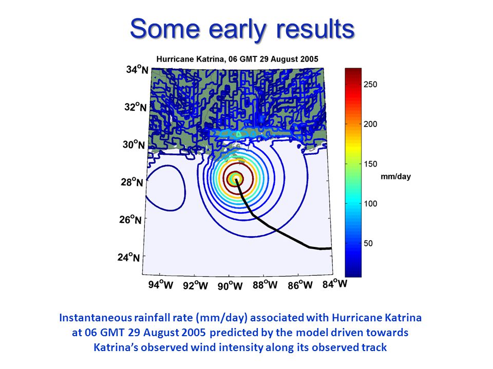 Some early results Instantaneous rainfall rate (mm/day) associated with Hurricane Katrina at 06 GMT 29 August 2005 predicted by the model driven towards Katrina’s observed wind intensity along its observed track