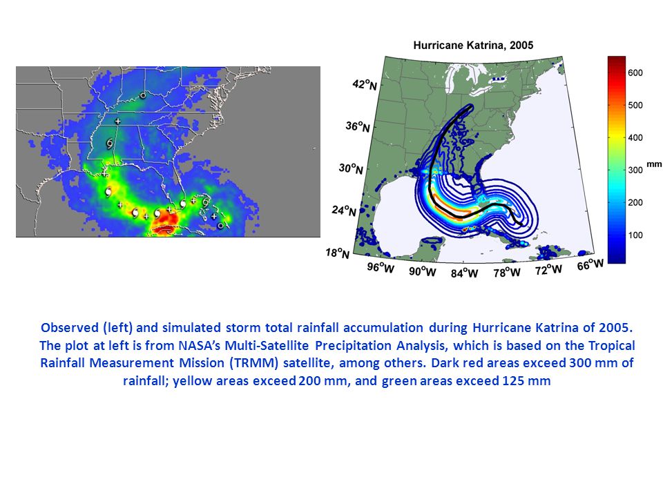 Observed (left) and simulated storm total rainfall accumulation during Hurricane Katrina of 2005.