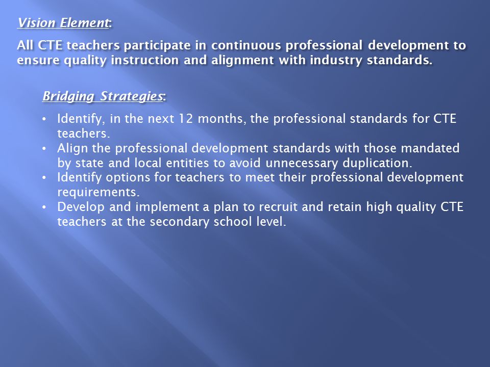 Vision Element: All CTE teachers participate in continuous professional development to ensure quality instruction and alignment with industry standards.