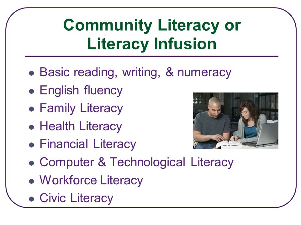 Community Literacy or Literacy Infusion Basic reading, writing, & numeracy English fluency Family Literacy Health Literacy Financial Literacy Computer & Technological Literacy Workforce Literacy Civic Literacy