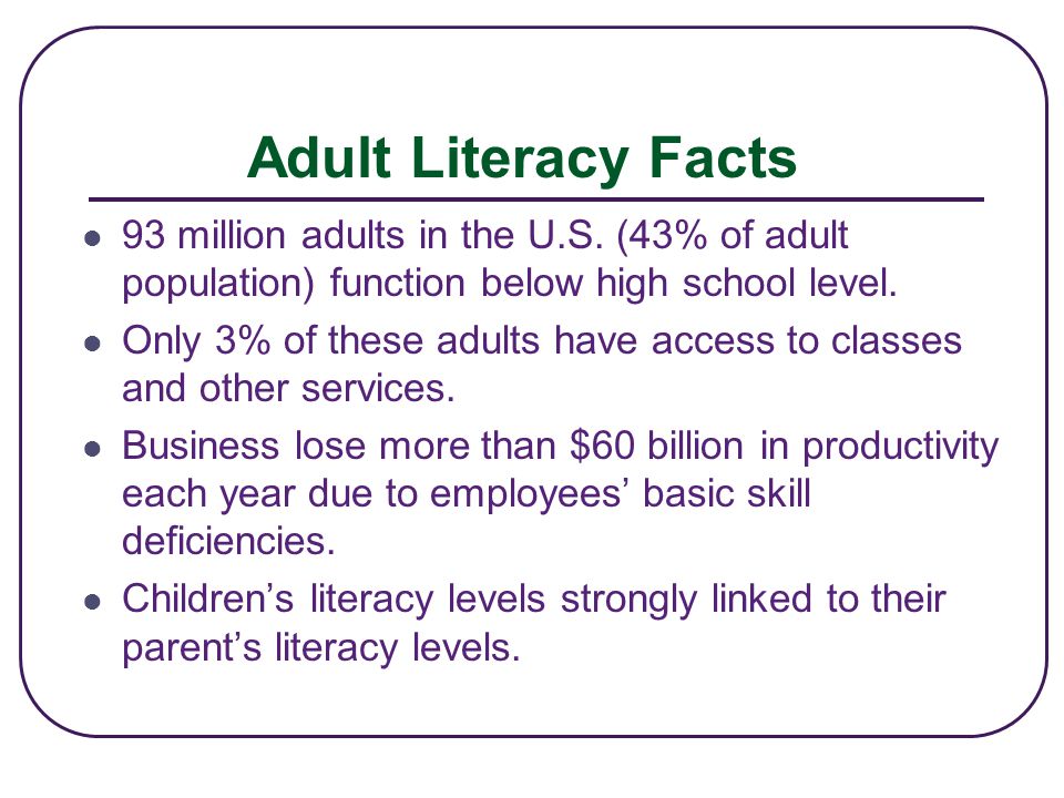 Adult Literacy Facts 93 million adults in the U.S.