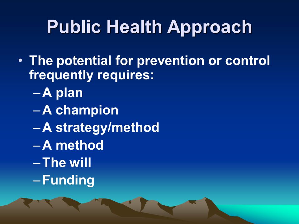 Public Health Approach The potential for prevention or control frequently requires: –A plan –A champion –A strategy/method –A method –The will –Funding