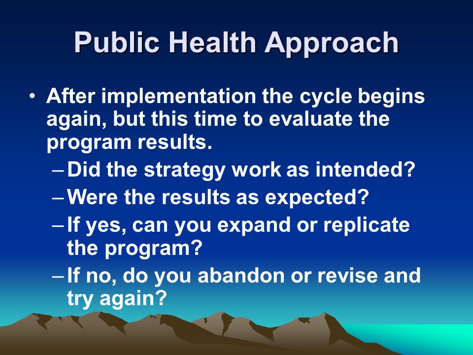 Public Health Approach After implementation the cycle begins again, but this time to evaluate the program results.