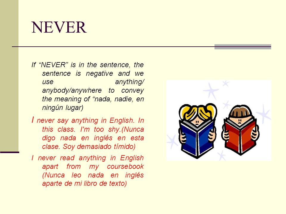 NEVER If NEVER is in the sentence, the sentence is negative and we use anything/ anybody/anywhere to convey the meaning of nada, nadie, en ningún lugar) I never say anything in English.