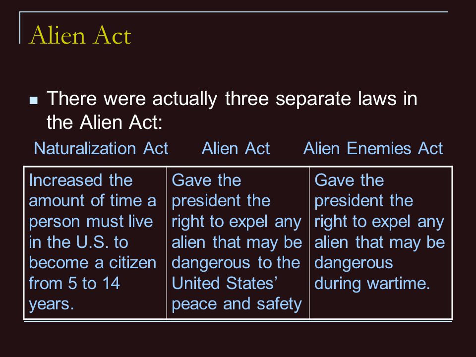 Alien Act There were actually three separate laws in the Alien Act: Naturalization Act Alien Act Alien Enemies Act Increased the amount of time a person must live in the U.S.