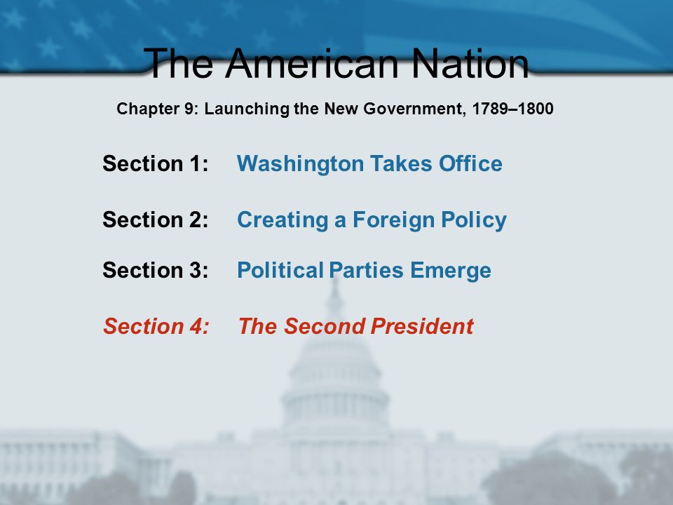 The American Nation Section 1: Washington Takes Office Section 2: Creating a Foreign Policy Section 3: Political Parties Emerge Section 4: The Second President Chapter 9: Launching the New Government, 1789–1800