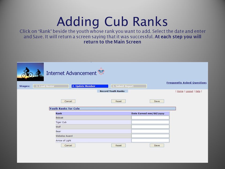 Adding Cub Ranks Click on Rank beside the youth whose rank you want to add.