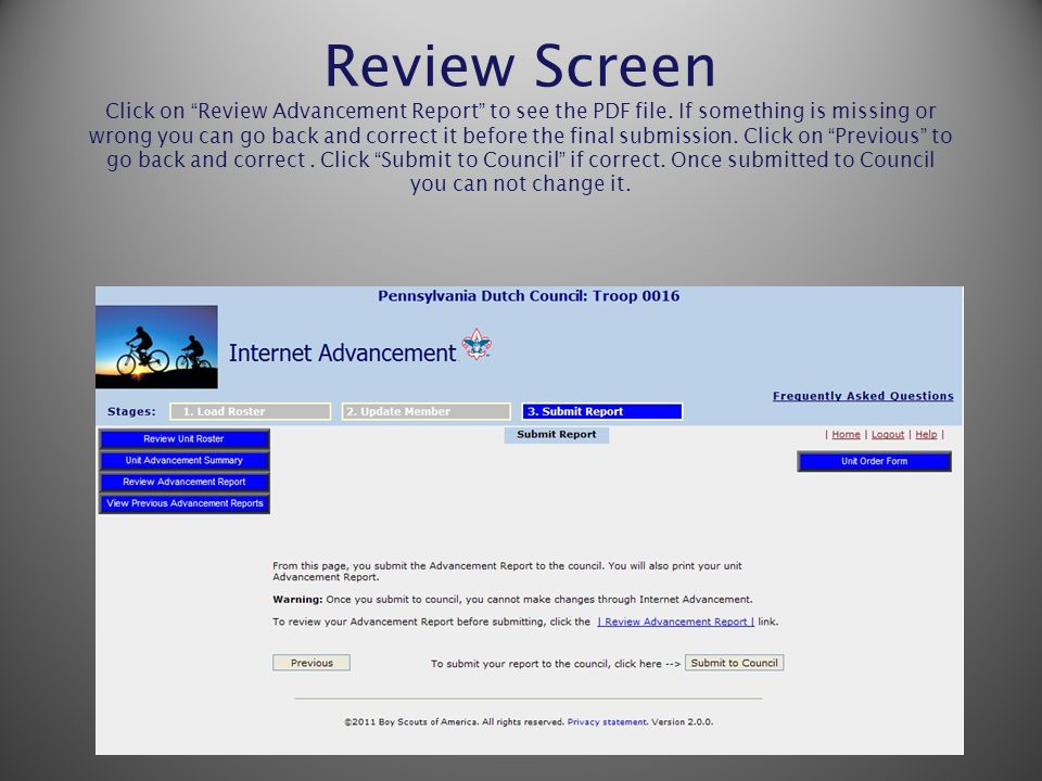 Review Screen Click on Review Advancement Report to see the PDF file.