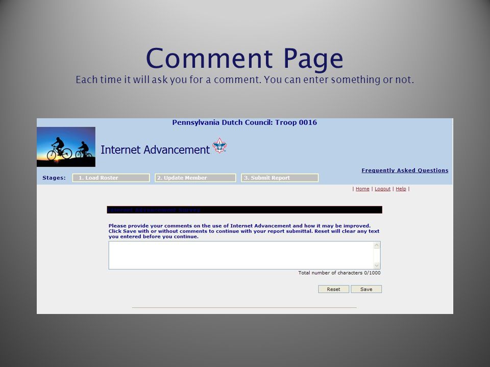 Comment Page Each time it will ask you for a comment. You can enter something or not.