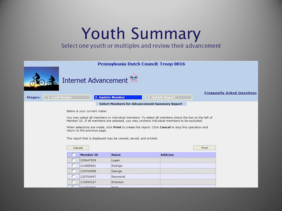 Youth Summary Select one youth or multiples and review their advancement