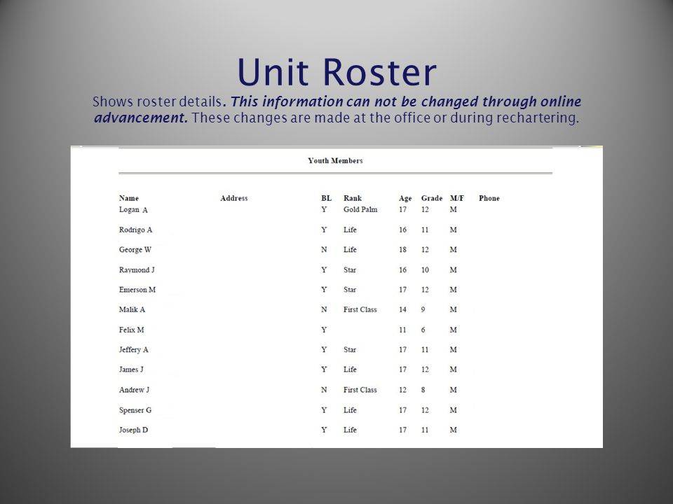 Unit Roster Shows roster details. This information can not be changed through online advancement.