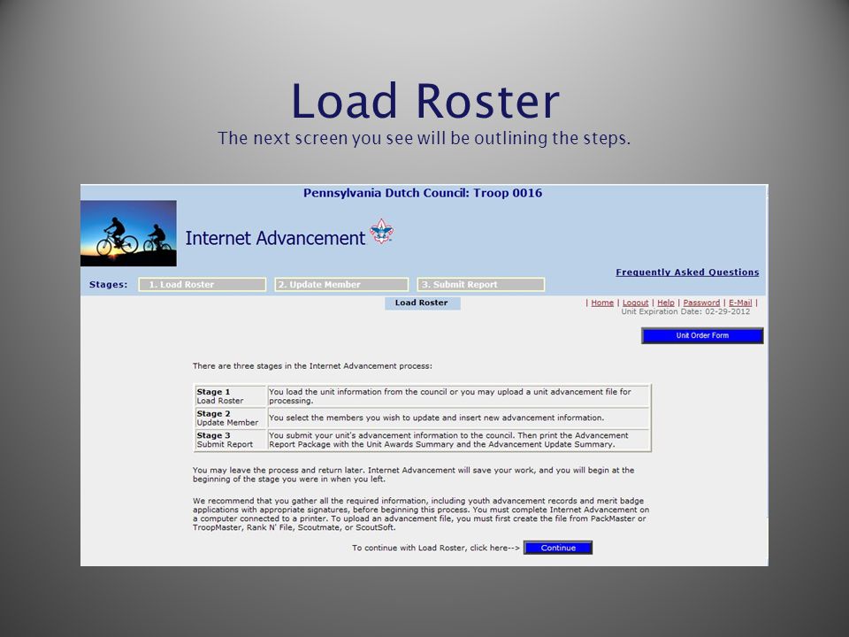 Load Roster The next screen you see will be outlining the steps.