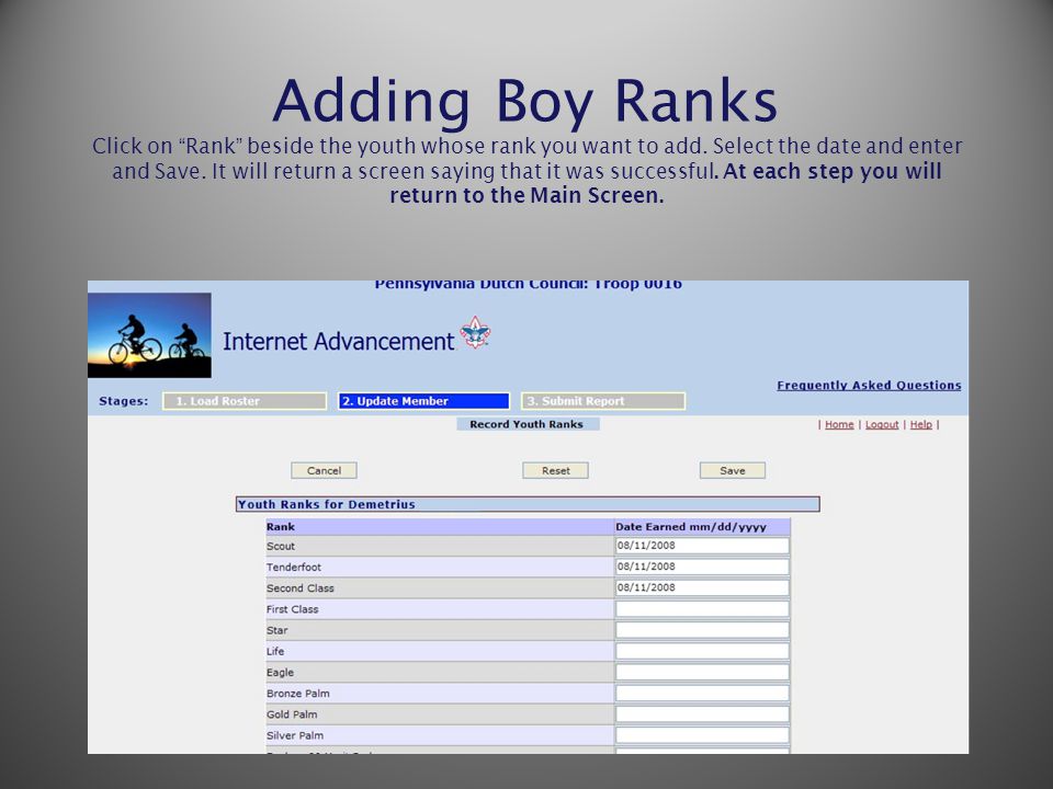 Adding Boy Ranks Click on Rank beside the youth whose rank you want to add.