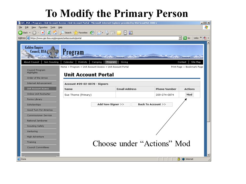 To Modify the Primary Person Choose under Actions Mod