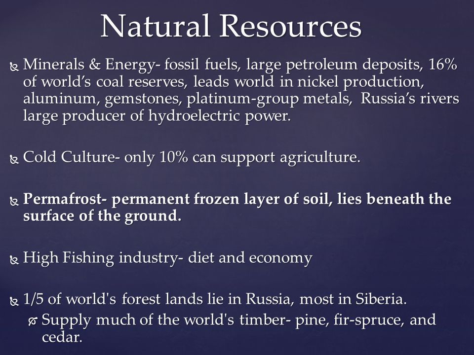  Minerals & Energy- fossil fuels, large petroleum deposits, 16% of world’s coal reserves, leads world in nickel production, aluminum, gemstones, platinum-group metals, Russia’s rivers large producer of hydroelectric power.