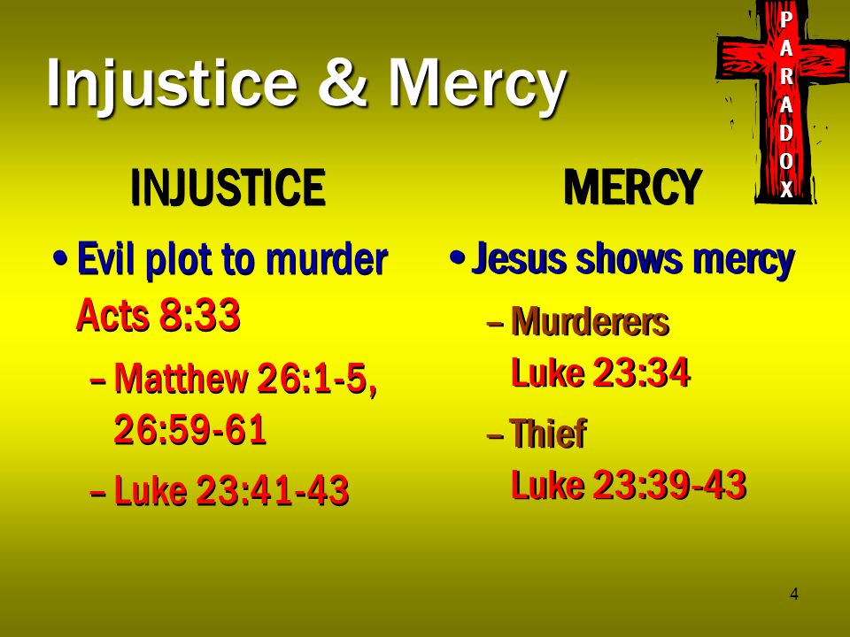 4 Injustice & Mercy INJUSTICE Evil plot to murder Acts 8:33 –Matthew 26:1-5, 26:59-61 –Luke 23:41-43 INJUSTICE Evil plot to murder Acts 8:33 –Matthew 26:1-5, 26:59-61 –Luke 23:41-43 MERCY Jesus shows mercy –Murderers Luke 23:34 –Thief Luke 23:39-43 MERCY Jesus shows mercy –Murderers Luke 23:34 –Thief Luke 23:39-43 PARADOXPARADOXPARADOXPARADOX