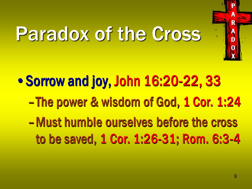 9 Paradox of the Cross Sorrow and joy, John 16:20-22, 33 –The power & wisdom of God, 1 Cor.