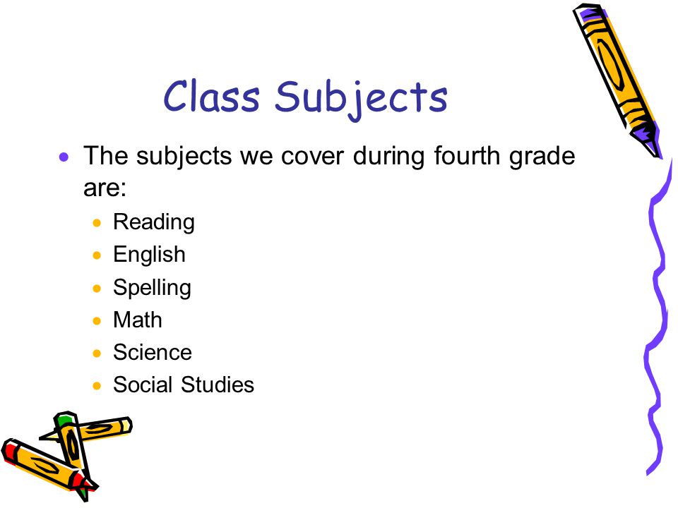 Class Subjects  The subjects we cover during fourth grade are:  Reading  English  Spelling  Math  Science  Social Studies