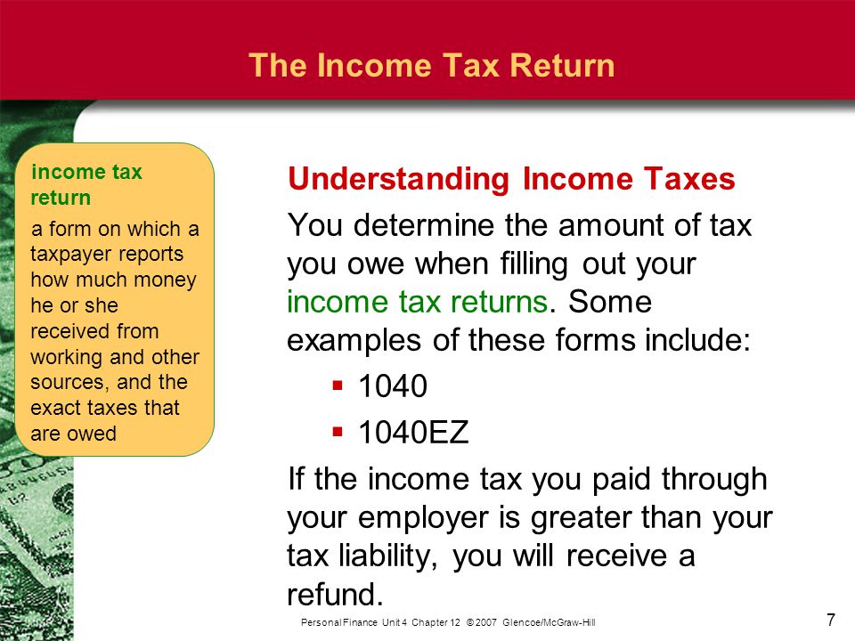 7 Personal Finance Unit 4 Chapter 12 © 2007 Glencoe/McGraw-Hill The Income Tax Return Understanding Income Taxes You determine the amount of tax you owe when filling out your income tax returns.