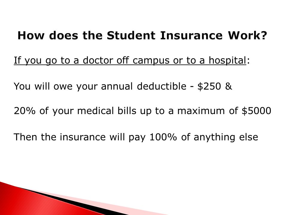 If you go to a doctor off campus or to a hospital: You will owe your annual deductible - $250 & 20% of your medical bills up to a maximum of $5000 Then the insurance will pay 100% of anything else