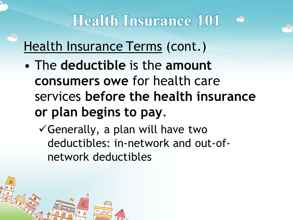 Health Insurance Terms (cont.) The deductible is the amount consumers owe for health care services before the health insurance or plan begins to pay.