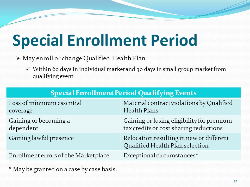 Special Enrollment Period  May enroll or change Qualified Health Plan Within 60 days in individual market and 30 days in small group market from qualifying event Special Enrollment Period Qualifying Events Loss of minimum essential coverage Material contract violations by Qualified Health Plans Gaining or becoming a dependent Gaining or losing eligibility for premium tax credits or cost sharing reductions Gaining lawful presenceRelocation resulting in new or different Qualified Health Plan selection Enrollment errors of the MarketplaceExceptional circumstances* 32 * May be granted on a case by case basis.