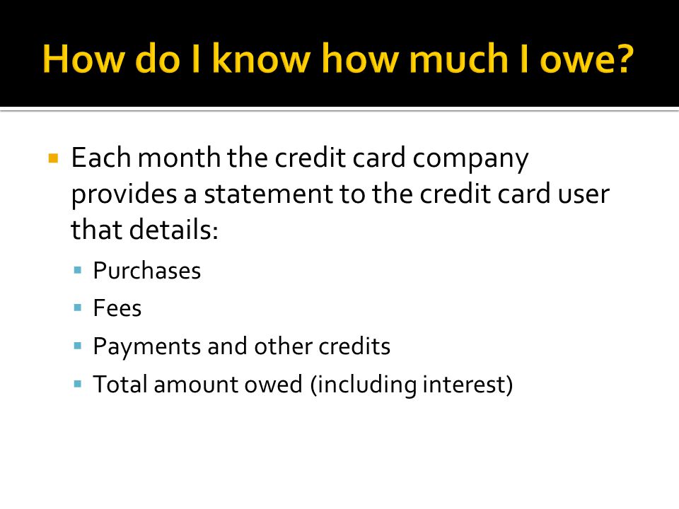  Each month the credit card company provides a statement to the credit card user that details:  Purchases  Fees  Payments and other credits  Total amount owed (including interest)