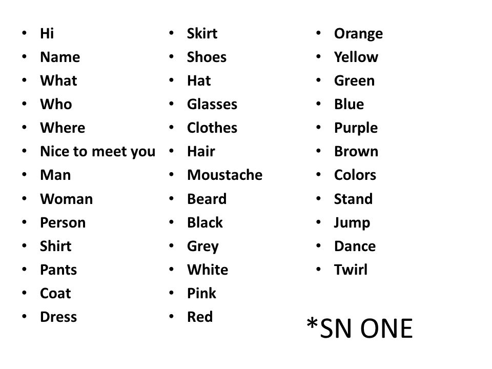 *SN ONE Hi Name What Who Where Nice to meet you Man Woman Person Shirt Pants Coat Dress Skirt Shoes Hat Glasses Clothes Hair Moustache Beard Black Grey White Pink Red Orange Yellow Green Blue Purple Brown Colors Stand Jump Dance Twirl