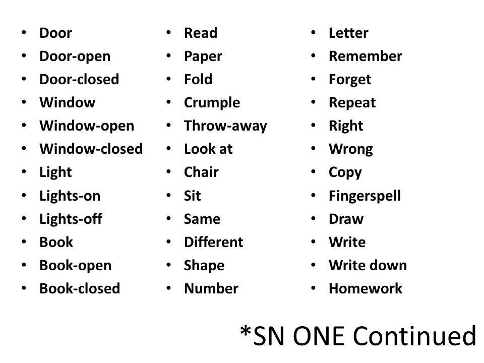 *SN ONE Continued Door Door-open Door-closed Window Window-open Window-closed Light Lights-on Lights-off Book Book-open Book-closed Read Paper Fold Crumple Throw-away Look at Chair Sit Same Different Shape Number Letter Remember Forget Repeat Right Wrong Copy Fingerspell Draw Write Write down Homework