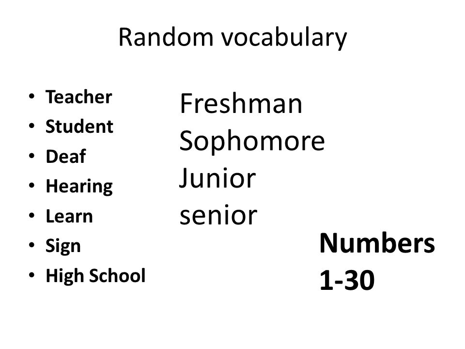 Random vocabulary Teacher Student Deaf Hearing Learn Sign High School Freshman Sophomore Junior senior Numbers 1-30