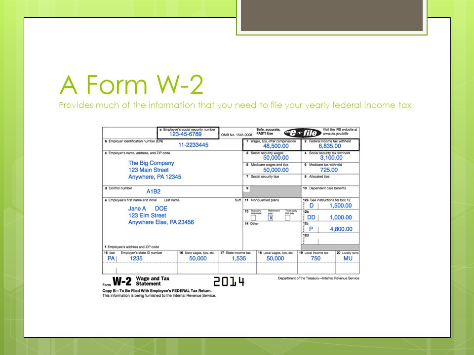 A Form W-2 Provides much of the information that you need to file your yearly federal income tax