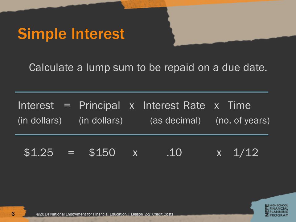 Simple Interest Calculate a lump sum to be repaid on a due date.