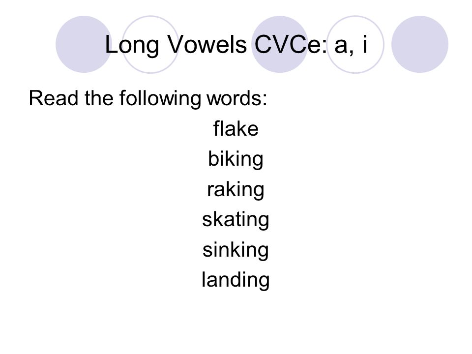 Long Vowels CVCe: a, i Read the following words: flake biking raking skating sinking landing